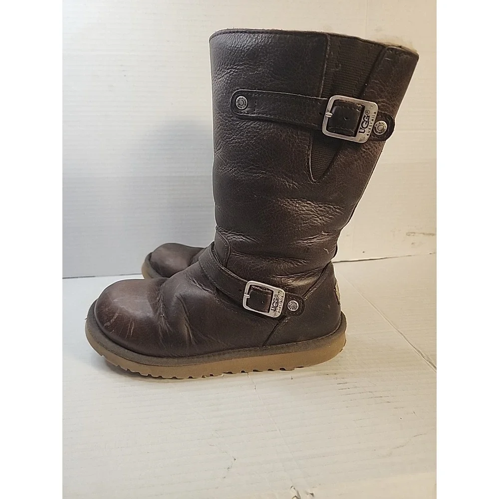 Ugg Kensington Size 4 Brown Distressed Leather‎ 1969 Sheepskin Youth Boot Zipper